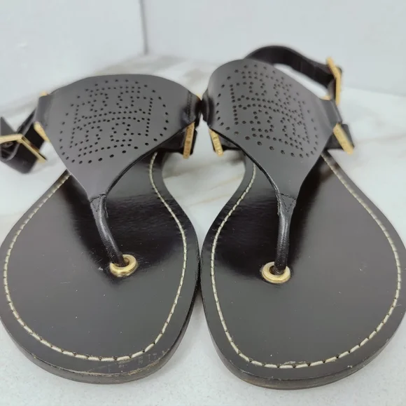 EUC Tory Burch Black Perforated Leather Logo Thong Sandals, Sz 7 - Picture 2 of 9